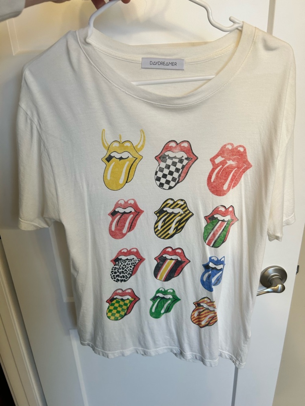 Daydreamer White womens Graphic Tee with Multi-Pattern Lips Rolling Stones